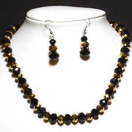 18" 10mm Crystal Set Necklace + Earrings Gold Black FNE741