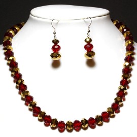 18" 10mm Crystal Set Necklace + Earrings Gold Red FNE742